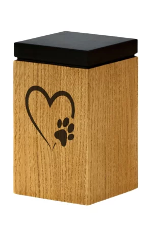 Oak Wood Pet Urn with heart and paw engraving