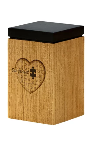 Pet Urn with puzzle heart engraving oak wood