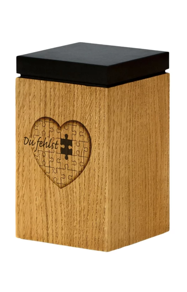 Pet Urn with puzzle heart engraving oak wood