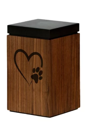 Walnut Wood Pet Urn with heart and paw engraving