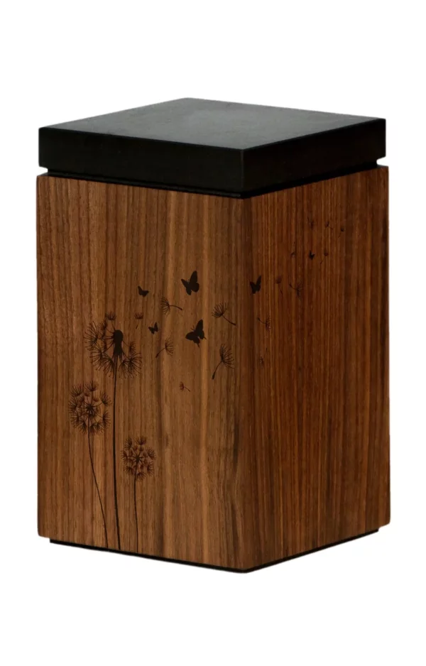 Walnut wood pet urn with dandelion engraving