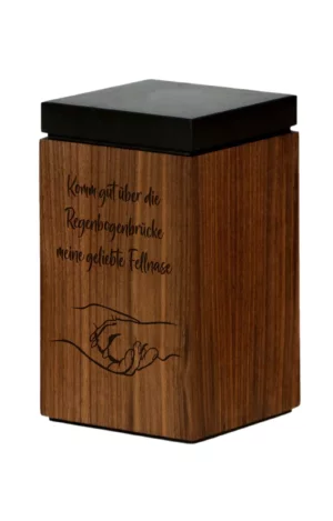 Walnut Wood Pet Urn with hand holding paw engraving